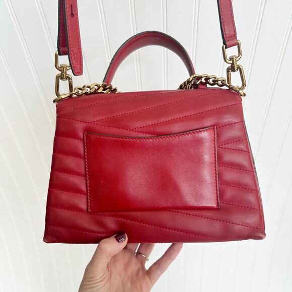 Tory Burch Kira Chevron Top Handle Satchel Apple Red Leather Convertible Bag - Picture 10 of 11